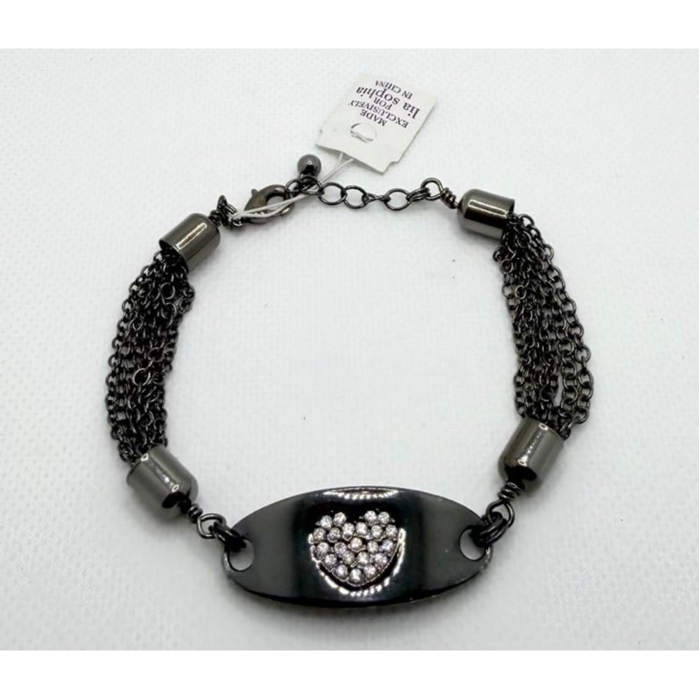 NWT Lia Sophia "Love Note" Gunmetal Multi Chain Rhinestone Heart Bracelet